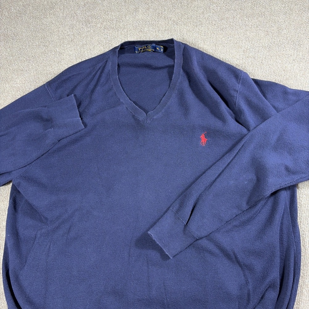 Polo Ralph Lauren Mens‎ V Neck Sweater Size XL Navy Blue Pony Logo Pima Cotton